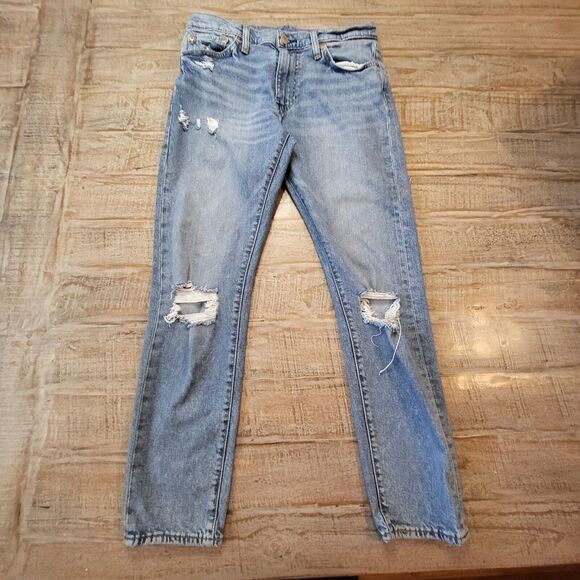 Levis 512 Premium Big E Jeans Mens 30x27 Stretch Blue Denim Slim Leg Distressed - Picture 1 of 12